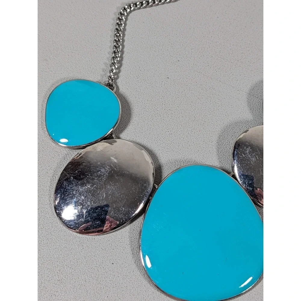 Blue Enamel Oval Panel Statement Necklace Silver Tone‎ 22
